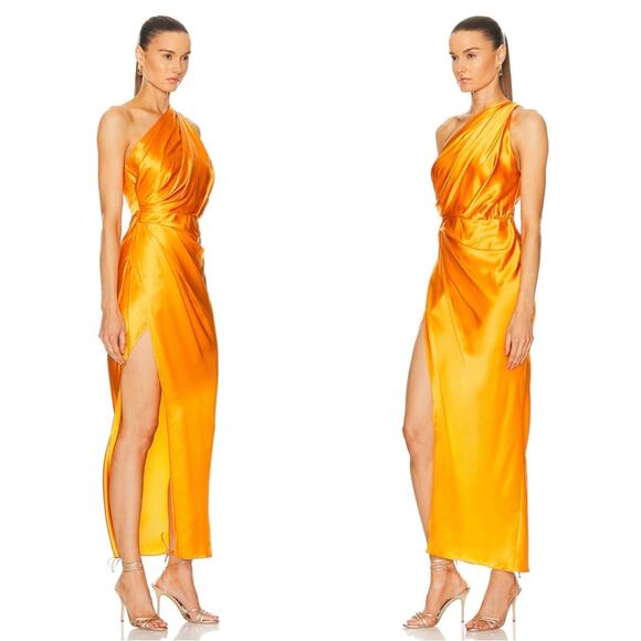 The Sei Asymmetric One Shoulder Drape Orange Mango Silk Maxi Dress Size 0 - Picture 2 of 11